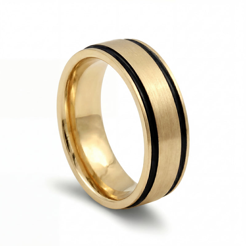Kajal | Men's Gold Wedding Band, Black Inlay
