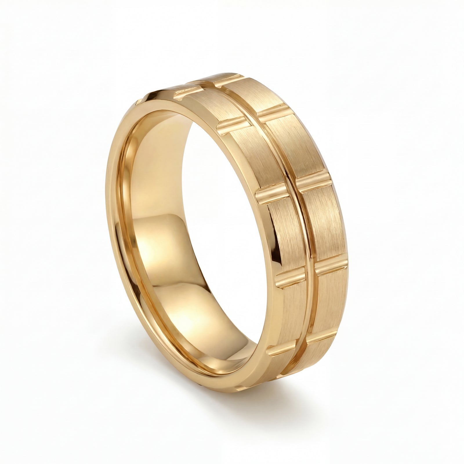 Neev | Men's Gold Wedding Band, Brick Pattern
