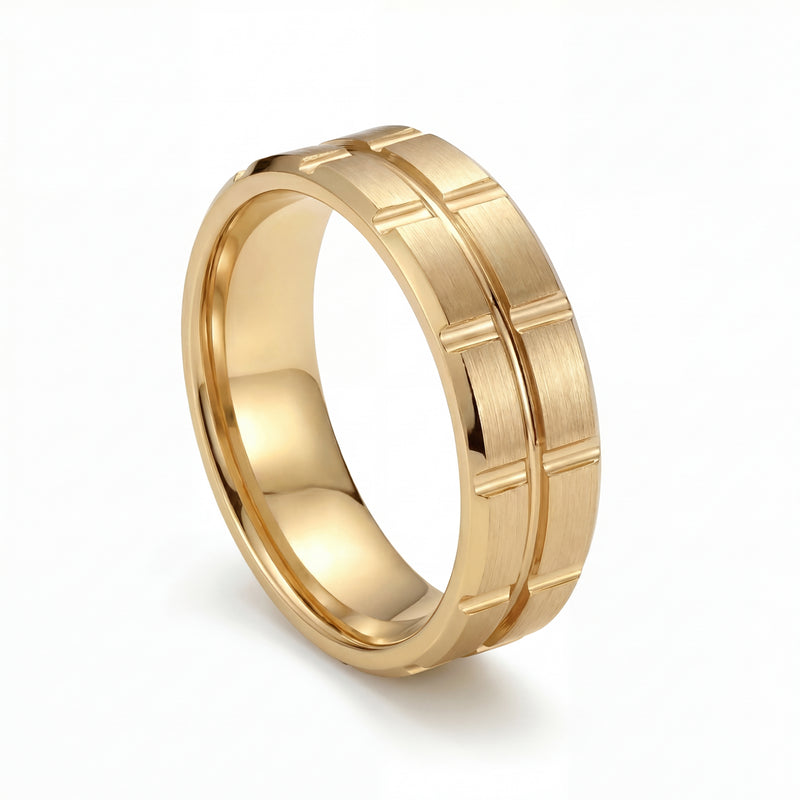 Neev | Men's Gold Wedding Band, Brick Pattern