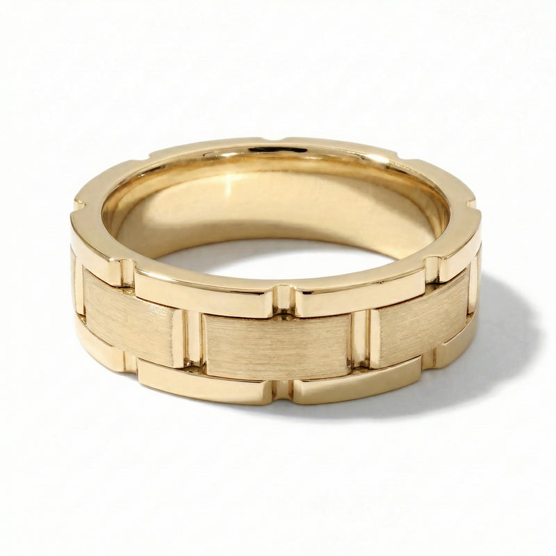 Qila | Men's Gold Wedding Band, Block Pattern