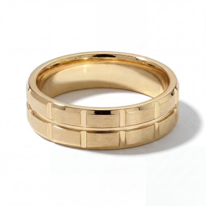 Neev | Men's Gold Wedding Band, Brick Pattern