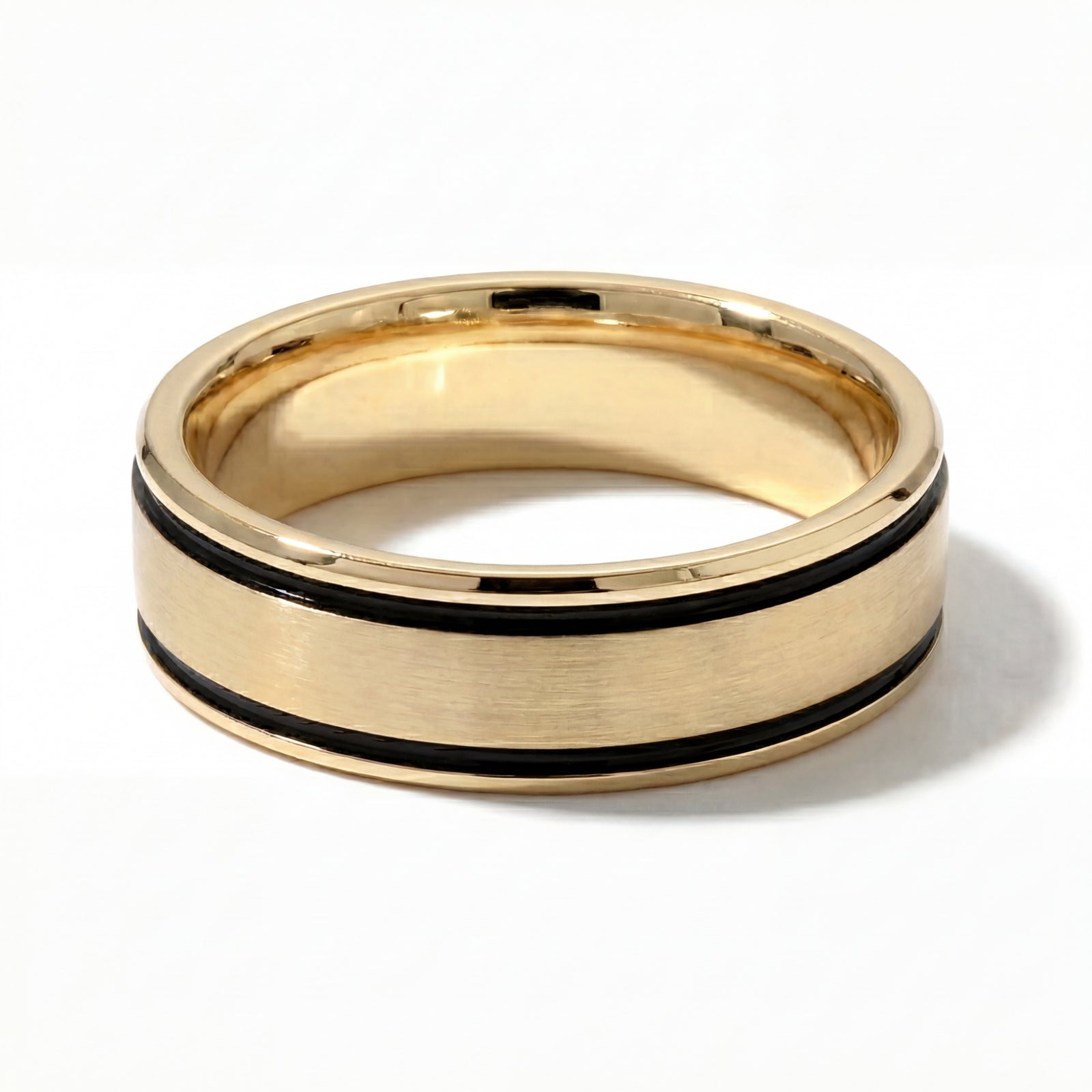 Kajal | Men's Gold Wedding Band, Black Inlay