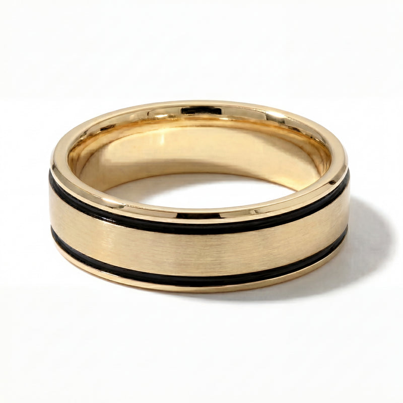 Kajal | Men's Gold Wedding Band, Black Inlay