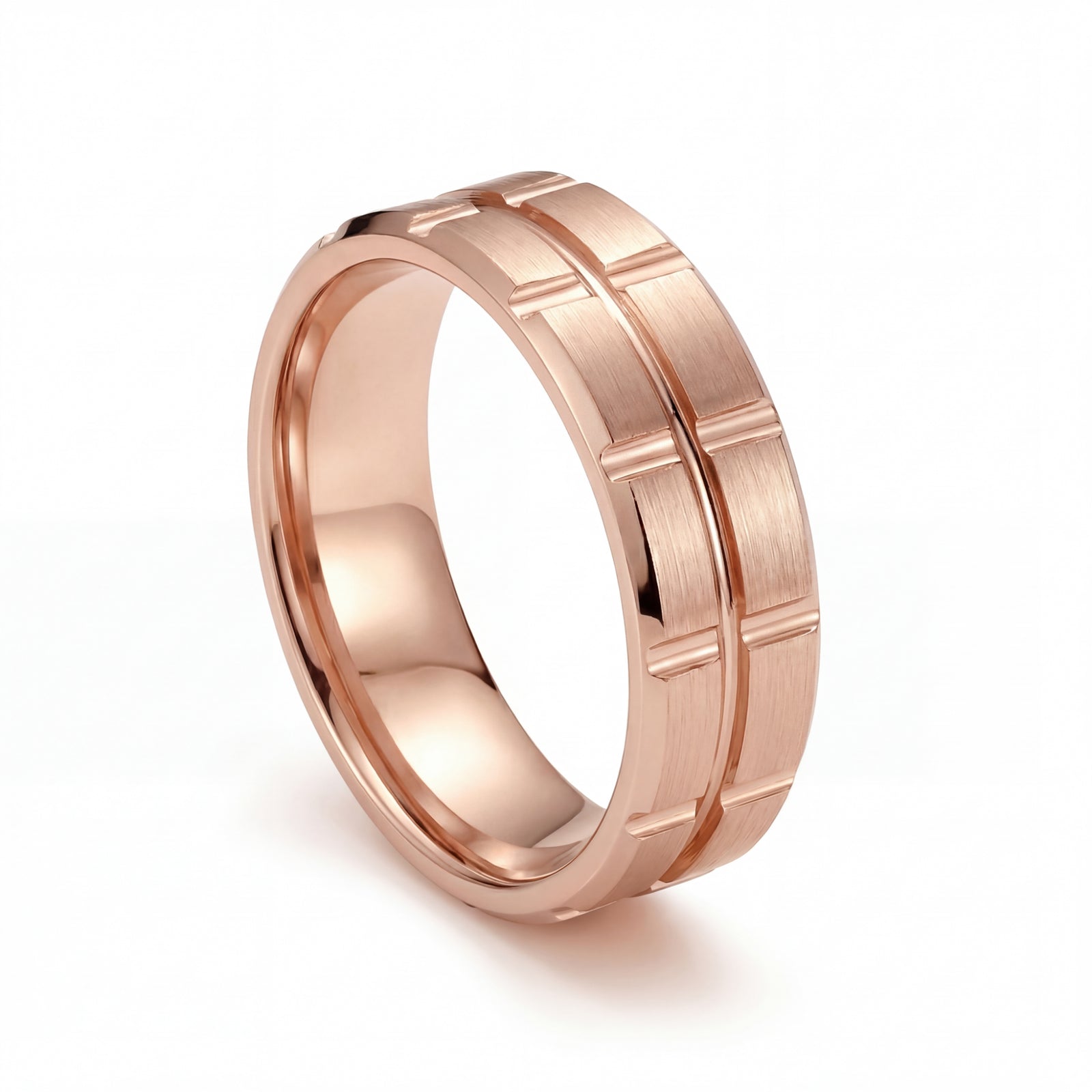 Neev | Men's Rose Gold Wedding Band, Brick Pattern