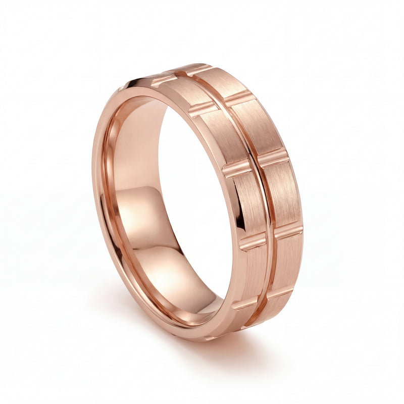 Neev | Men's Rose Gold Wedding Band, Brick Pattern