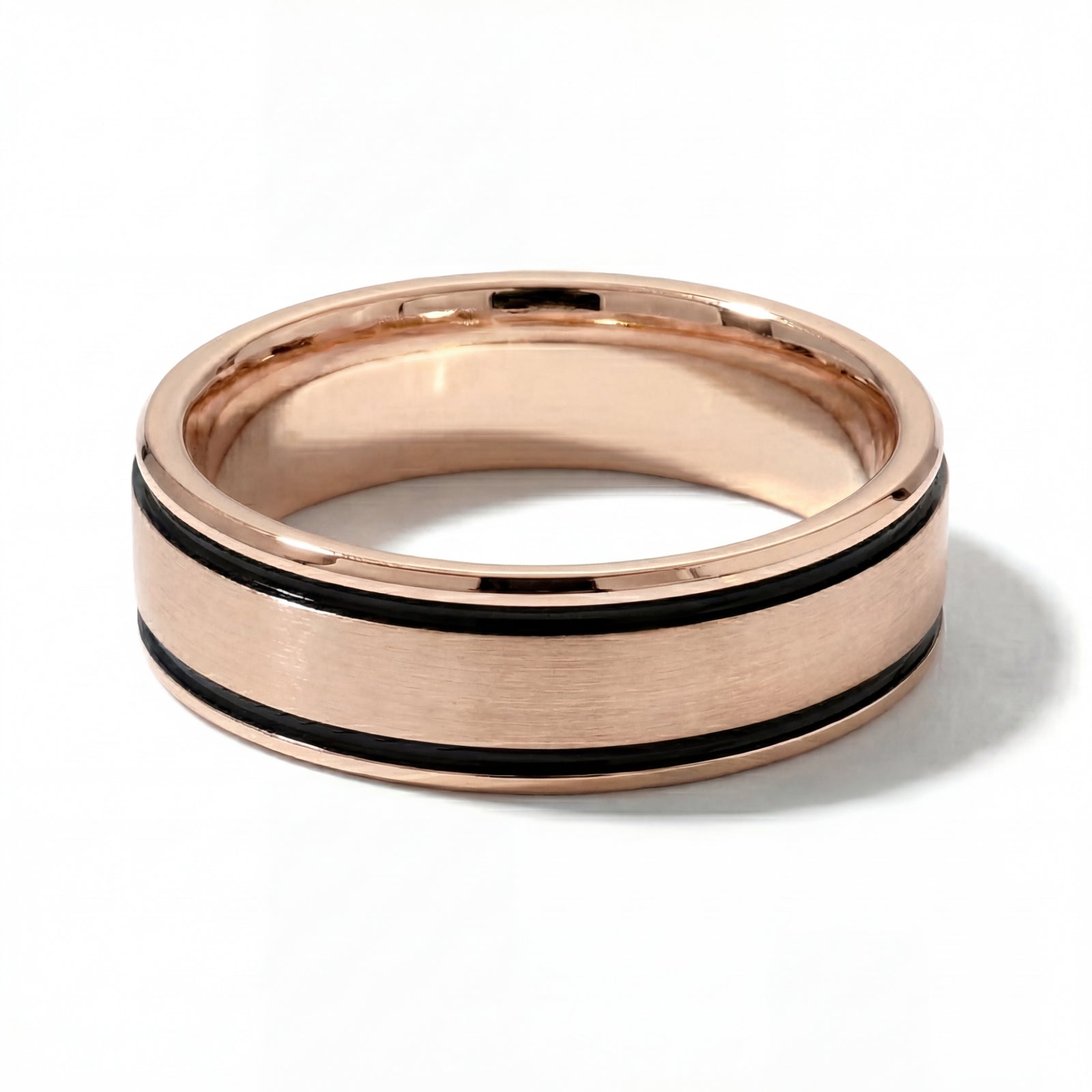 Kajal | Men's Rose Gold Wedding Band, Black Inlay