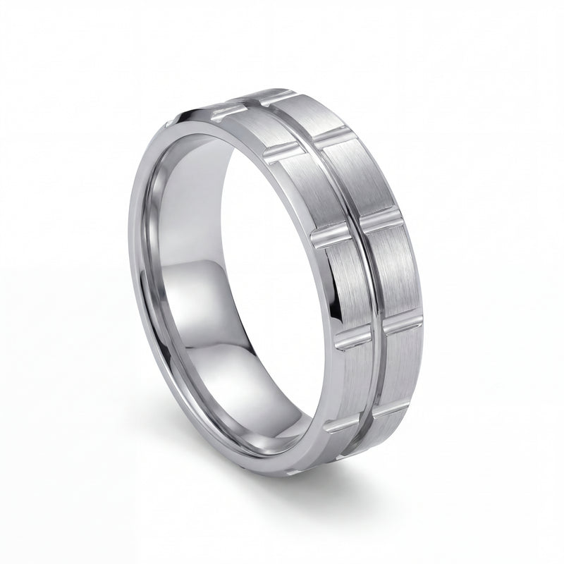 Neev | Men's White Gold Wedding Band, Brick Pattern