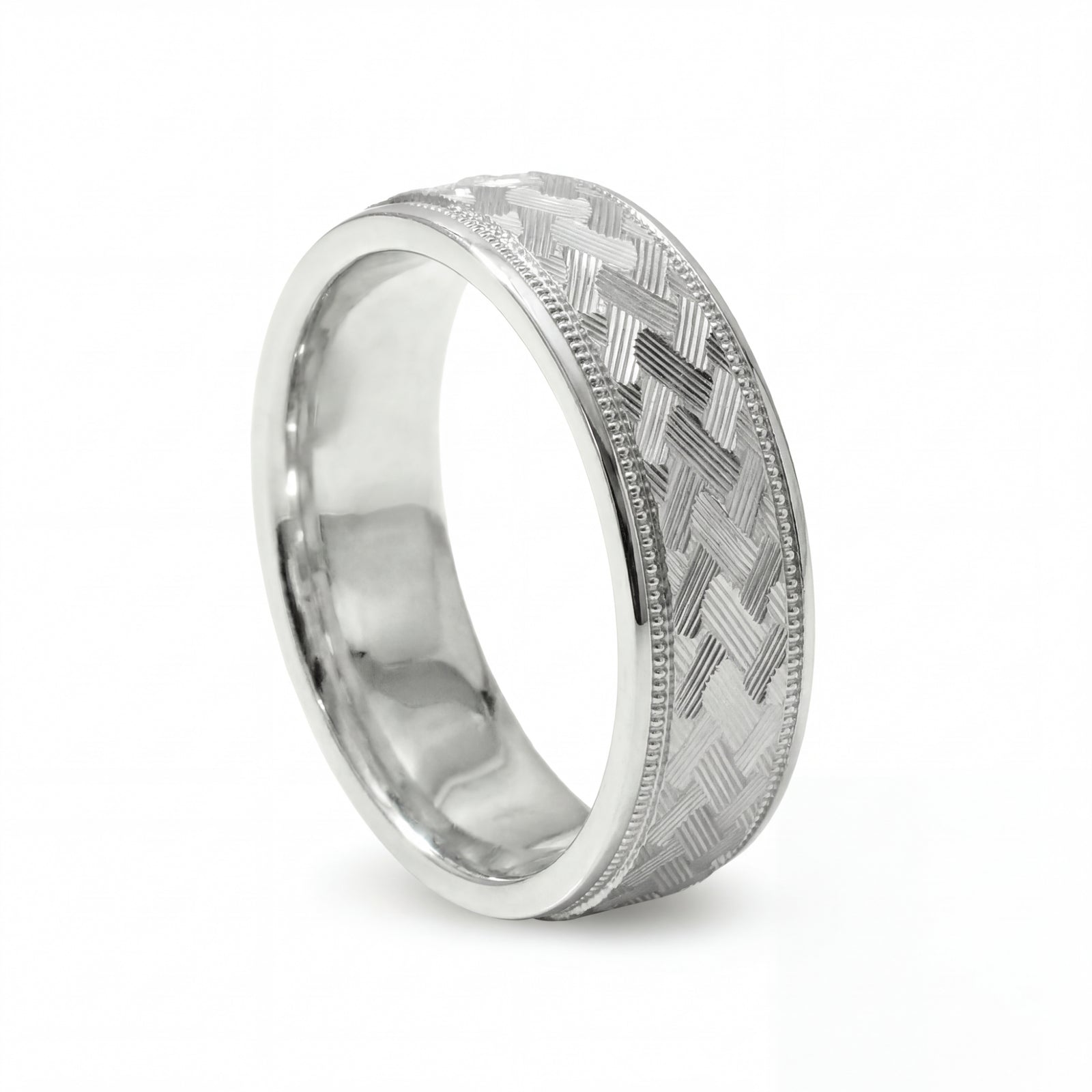 Gulzar | Men's White Gold Wedding Band, Hand Engraved
