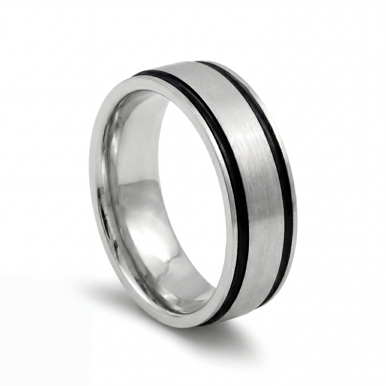 Kajal | Men's White Gold Wedding Band, Black Inlay