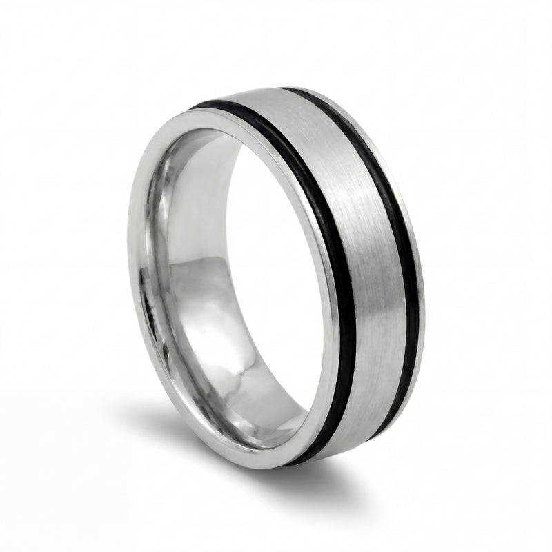 Kajal | Men's Platinum Wedding Band, Black Inlay