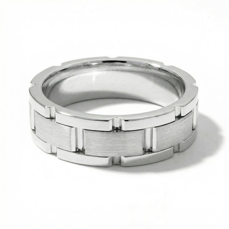 Qila | Men's Platinum Wedding Band, Block Pattern