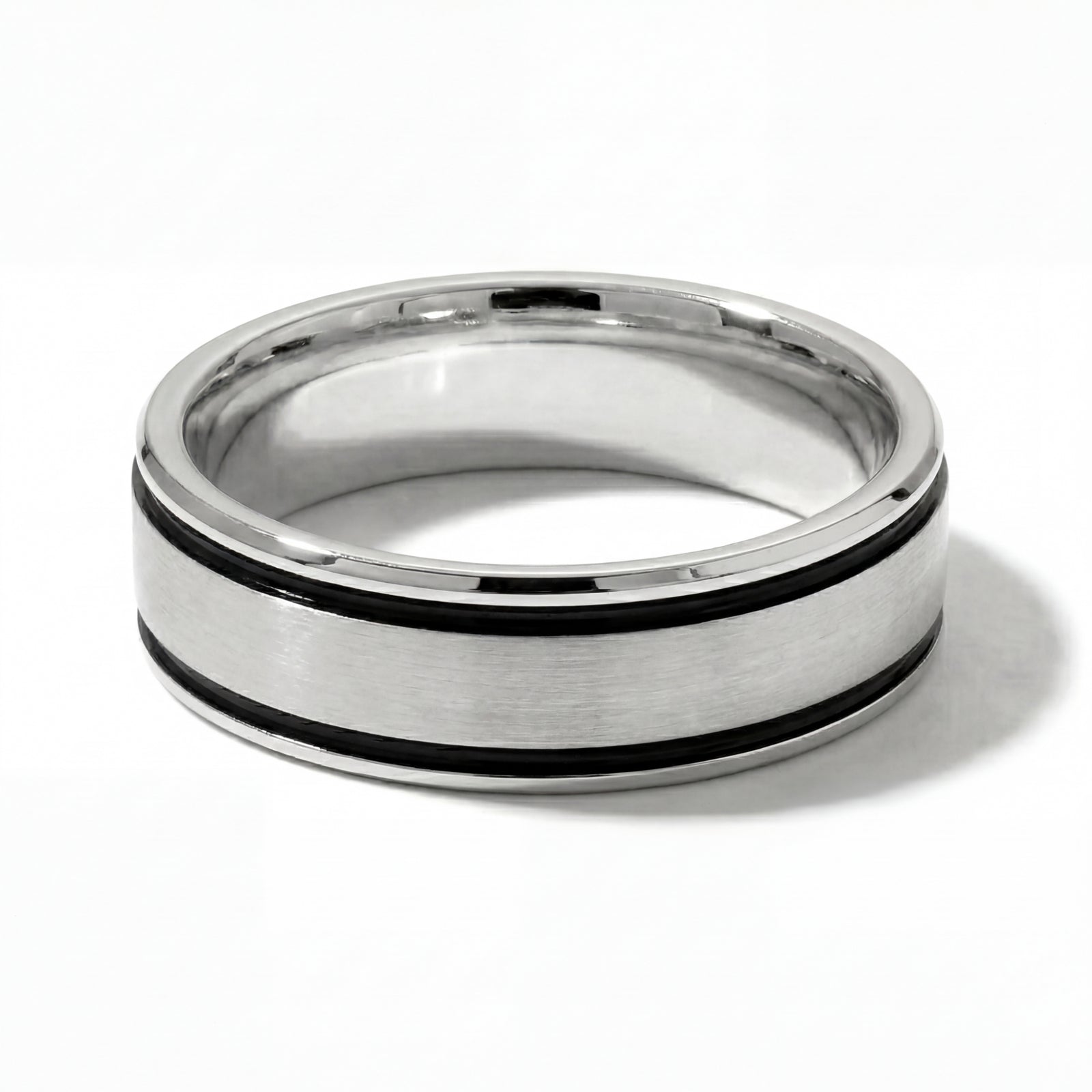 Kajal | Men's Platinum Wedding Band, Black Inlay