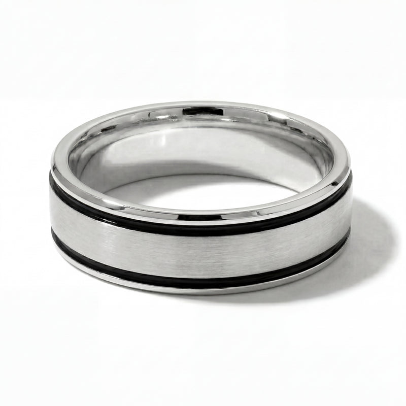 Kajal | Men's Platinum Wedding Band, Black Inlay